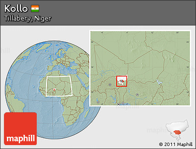 Savanna Style Location Map of Kollo, highlighted parent region, within the entire country, hill shading