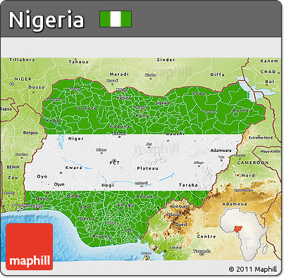 Flag 3D Map of Nigeria, physical outside, bathymetry sea, flag rotated