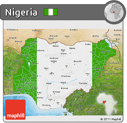 Flag 3D Map of Nigeria, satellite outside, bathymetry sea, flag centered