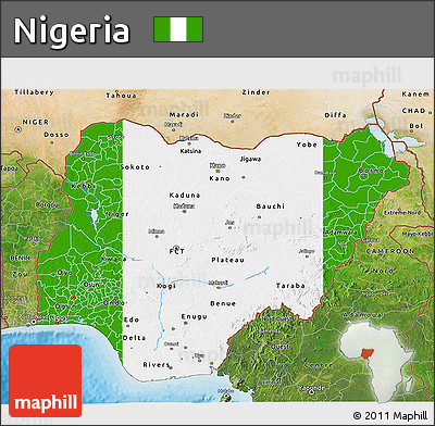 Flag 3D Map of Nigeria, satellite outside, bathymetry sea, flag centered
