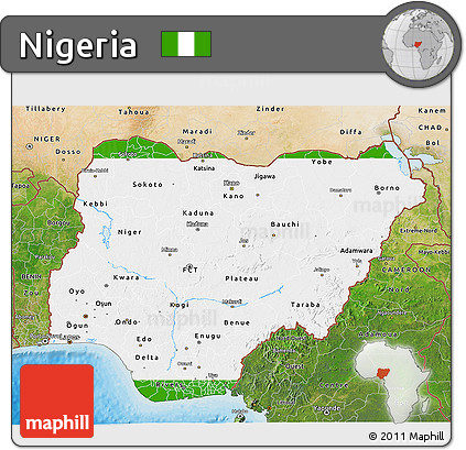 Flag 3D Map of Nigeria, satellite outside, bathymetry sea, flag aligned to the middle