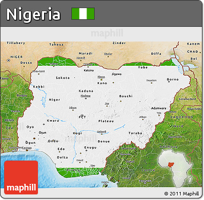Flag 3D Map of Nigeria, satellite outside, bathymetry sea, flag aligned to the middle