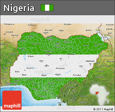 Flag 3D Map of Nigeria, satellite outside, bathymetry sea, flag rotated