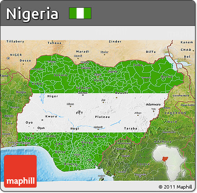 Flag 3D Map of Nigeria, satellite outside, bathymetry sea, flag rotated