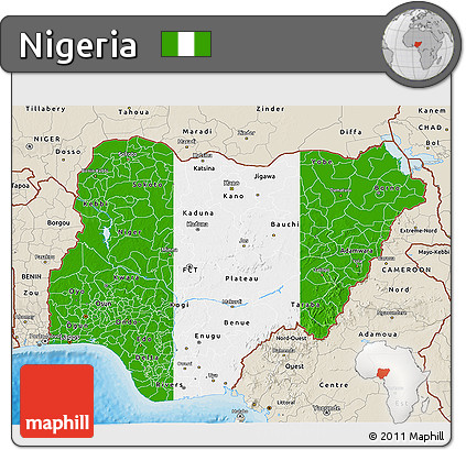 Flag 3D Map of Nigeria, shaded relief outside, bathymetry sea