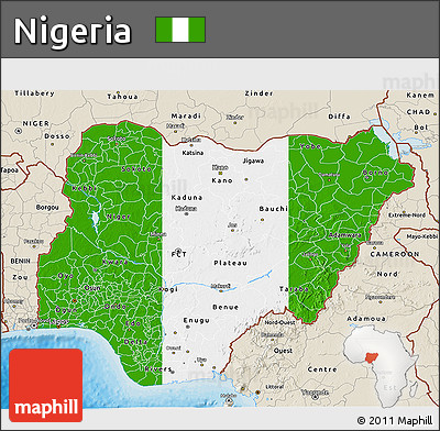 Flag 3D Map of Nigeria, shaded relief outside, bathymetry sea