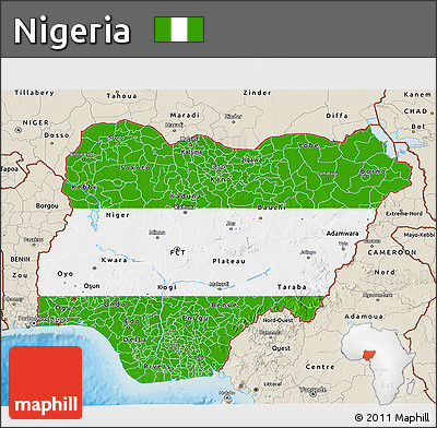 Flag 3D Map of Nigeria, shaded relief outside, flag rotated