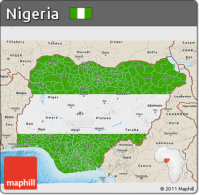 Flag 3D Map of Nigeria, shaded relief outside, flag rotated