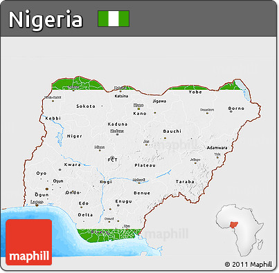 Flag 3D Map of Nigeria, single color outside, bathymetry sea, flag aligned to the middle