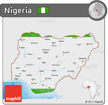 Flag 3D Map of Nigeria, single color outside, bathymetry sea, shaded relief sea, flag aligned to the middle
