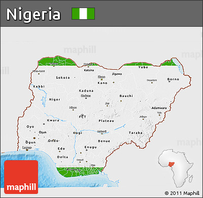 Flag 3D Map of Nigeria, single color outside, bathymetry sea, shaded relief sea, flag aligned to the middle