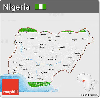 Flag 3D Map of Nigeria, single color outside, bathymetry sea, shaded relief sea, flag aligned to the middle