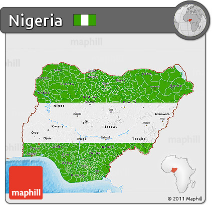 Flag 3D Map of Nigeria, single color outside, bathymetry sea, shaded relief sea, flag rotated