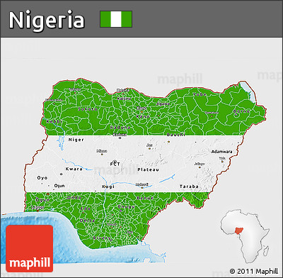 Flag 3D Map of Nigeria, single color outside, bathymetry sea, shaded relief sea, flag rotated