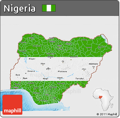 Flag 3D Map of Nigeria, single color outside, bathymetry sea, shaded relief sea, flag rotated
