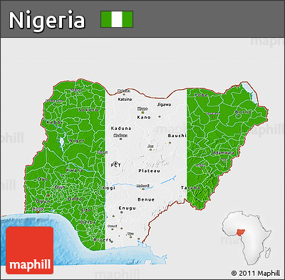 Flag 3D Map of Nigeria, single color outside, bathymetry sea, shaded relief sea