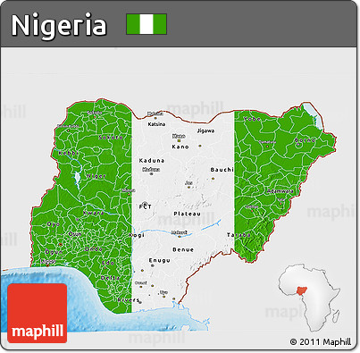 Flag 3D Map of Nigeria, single color outside, bathymetry sea, shaded relief sea