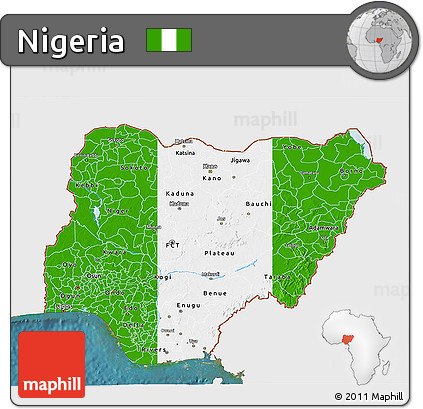 Flag 3D Map of Nigeria, single color outside, satellite sea