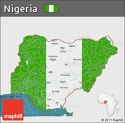 Flag 3D Map of Nigeria, single color outside, satellite sea