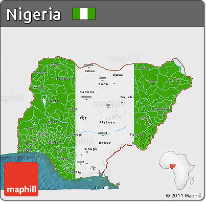 Flag 3D Map of Nigeria, single color outside, satellite sea