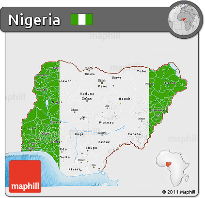 Flag 3D Map of Nigeria, single color outside, shaded relief sea, flag centered