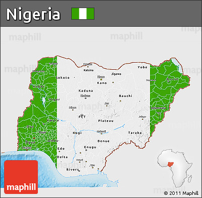 Flag 3D Map of Nigeria, single color outside, shaded relief sea, flag centered