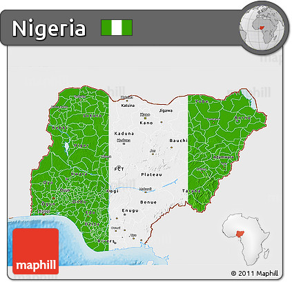 Flag 3D Map of Nigeria, single color outside, shaded relief sea