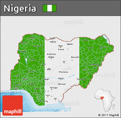Flag 3D Map of Nigeria, single color outside, shaded relief sea