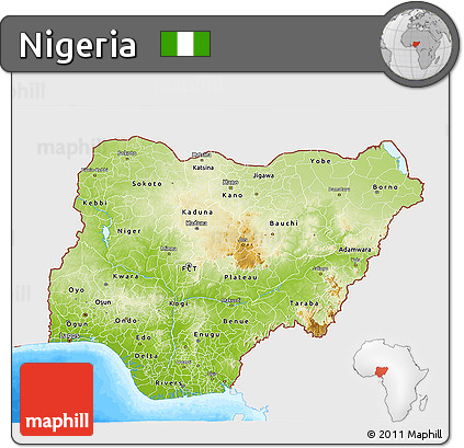 Physical 3D Map of Nigeria, single color outside, bathymetry sea