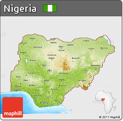 Physical 3D Map of Nigeria, single color outside, bathymetry sea