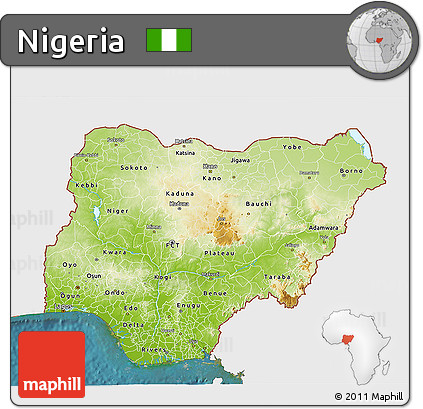 Physical 3D Map of Nigeria, single color outside, satellite sea