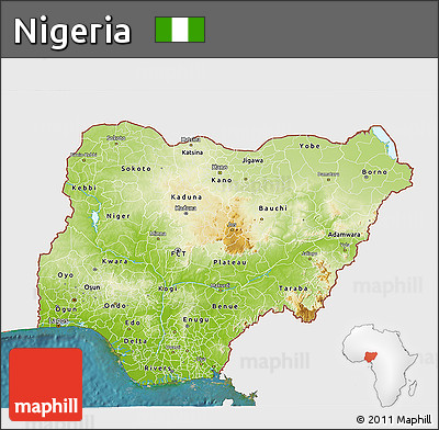 Physical 3D Map of Nigeria, single color outside, satellite sea