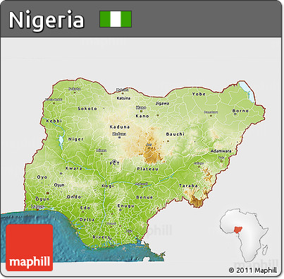 Physical 3D Map of Nigeria, single color outside, satellite sea