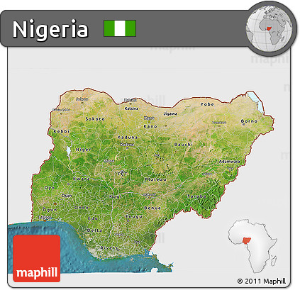 Satellite 3D Map of Nigeria, single color outside