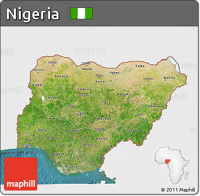 Satellite 3D Map of Nigeria, single color outside