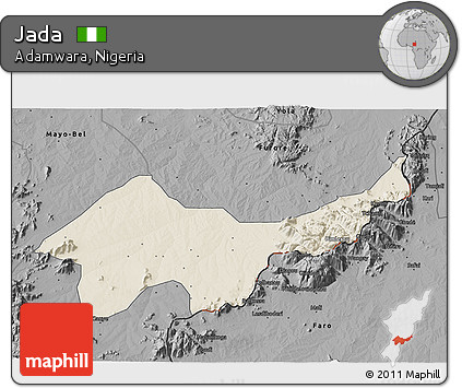 Shaded Relief 3D Map of Jada, darken, desaturated