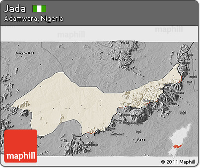 Shaded Relief 3D Map of Jada, darken, desaturated