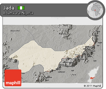 Shaded Relief 3D Map of Jada, darken, semi-desaturated
