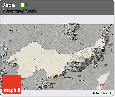 Shaded Relief 3D Map of Jada, darken, semi-desaturated