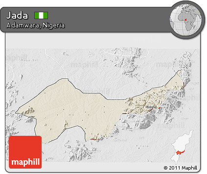 Shaded Relief 3D Map of Jada, lighten, desaturated