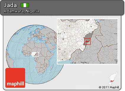 Gray Location Map of Jada, highlighted country, highlighted parent region, hill shading