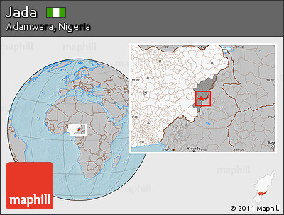 Gray Location Map of Jada, highlighted country, highlighted parent region, hill shading