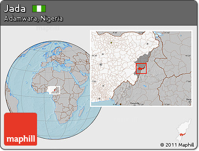 Gray Location Map of Jada, highlighted country, highlighted parent region, hill shading