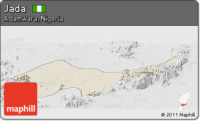 Shaded Relief Panoramic Map of Jada, lighten, desaturated