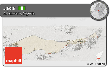 Shaded Relief Panoramic Map of Jada, lighten, semi-desaturated