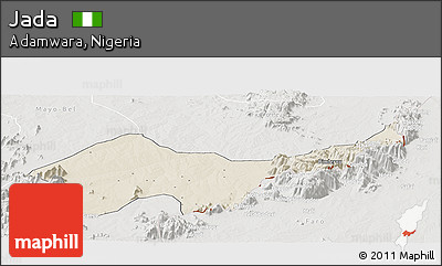 Shaded Relief Panoramic Map of Jada, lighten, semi-desaturated