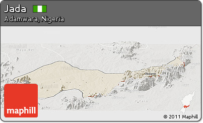 Shaded Relief Panoramic Map of Jada, lighten, semi-desaturated