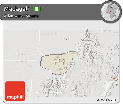 Shaded Relief 3D Map of Madagali, lighten, semi-desaturated