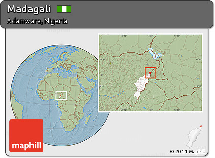 Savanna Style Location Map of Madagali, highlighted parent region, hill shading