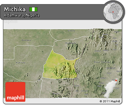 Satellite 3D Map of Michika, semi-desaturated